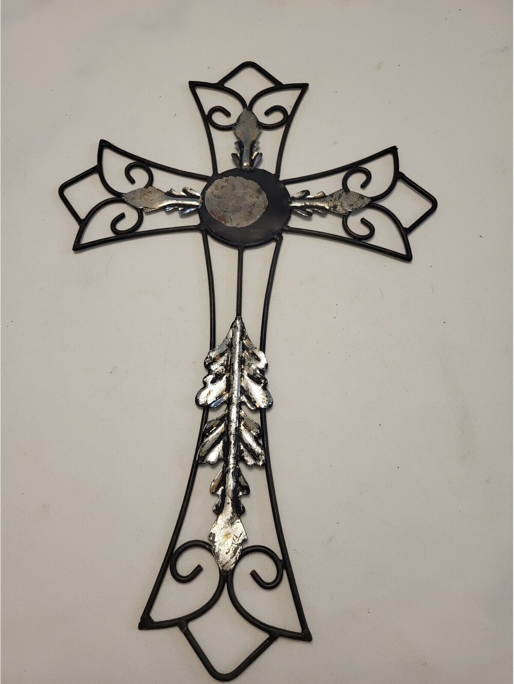 Decorative Black Metal 18x11.5" Cross with Silver Leaf Accents